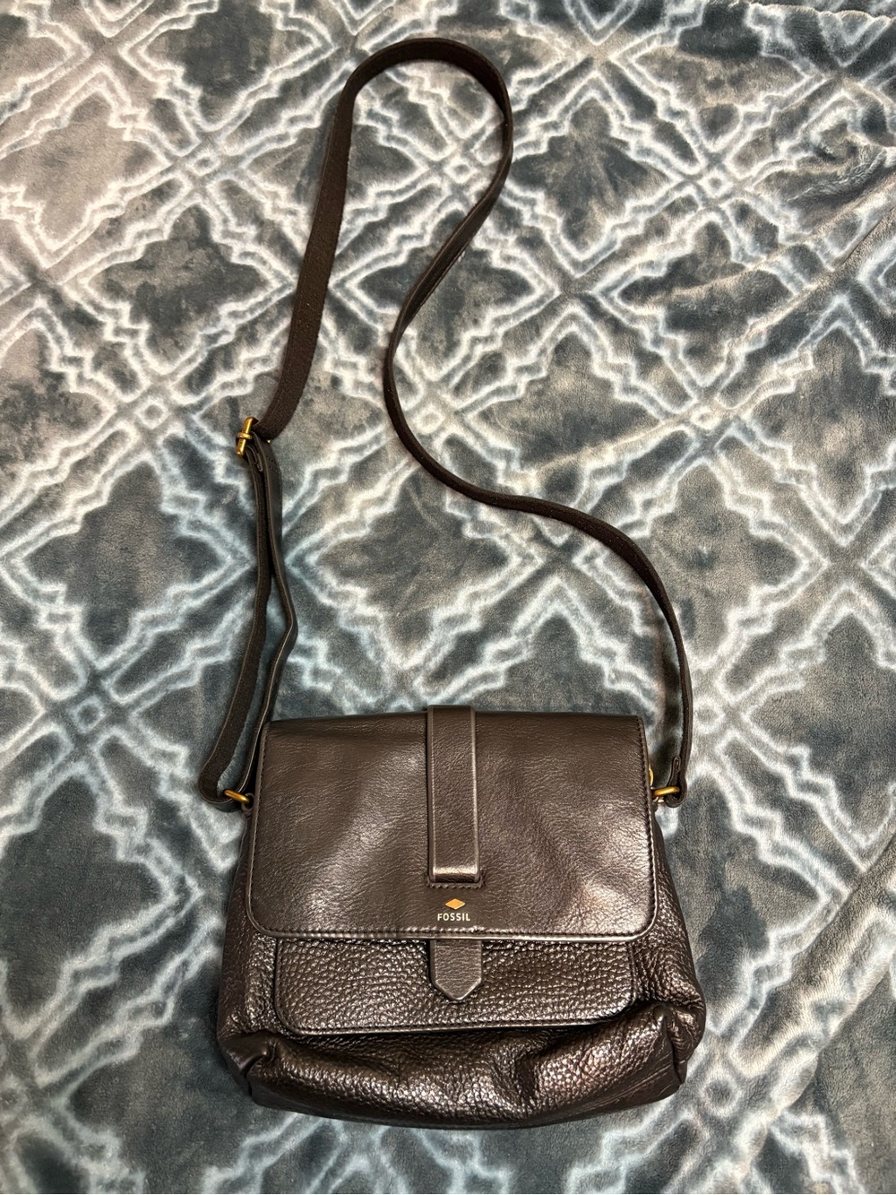 Fossil Black Pebbled And Smooth Leather Crossbody Bag Adjustable Strap